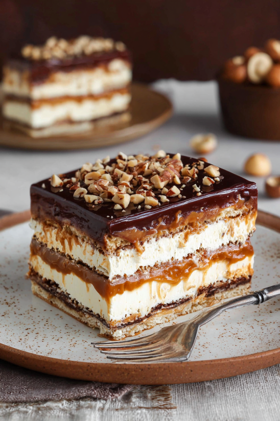 Ein Butterkeks-Kuchen ohne Backen mit Milchmädchen Karamell (2025) auf einem Teller.