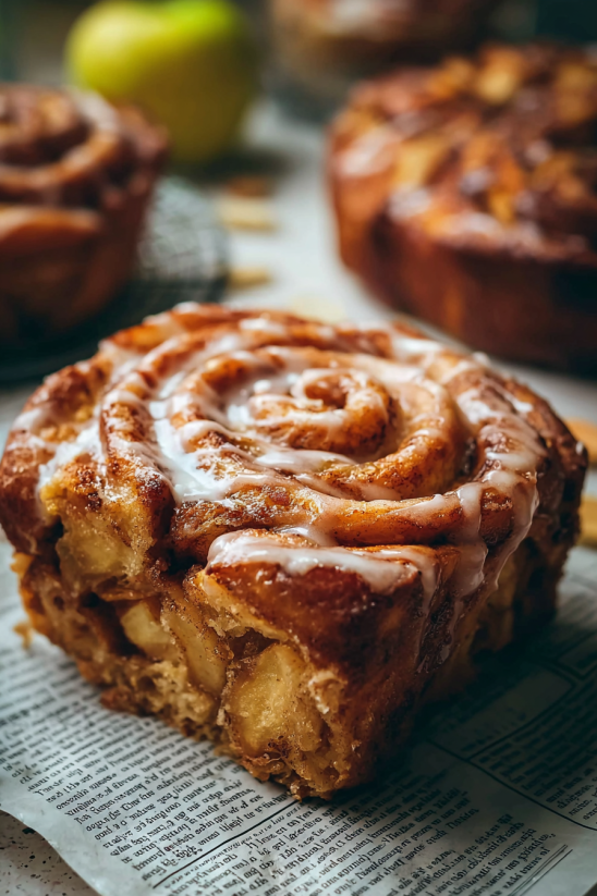 Ein Zimtschnecken-Apfelkuchen auf einem Tisch.