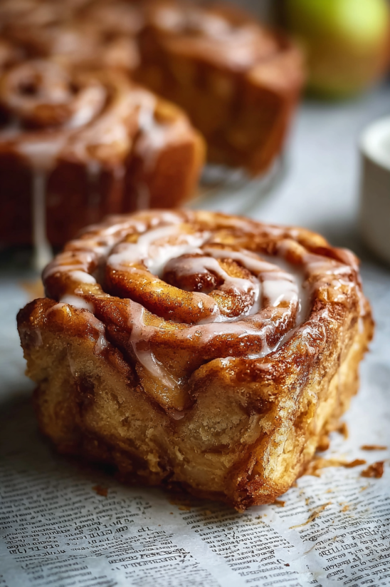 Ein Zimtschnecken-Apfelkuchen auf einem Teller.