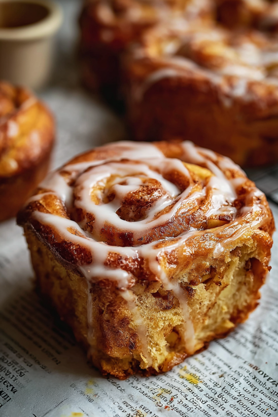 Ein Zimtschnecken-Apfelkuchen auf einem Teller.