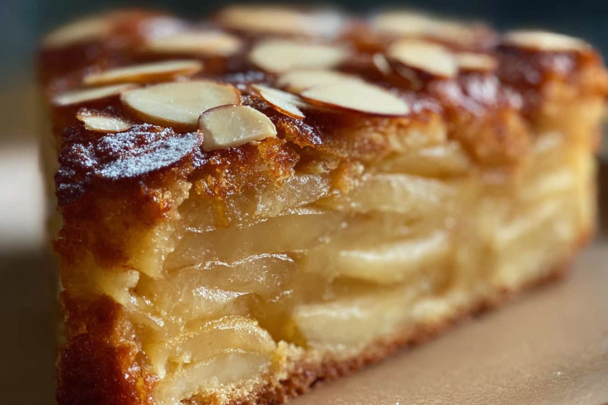 Ein Stück Französischer Apfelkuchen auf einem Teller.