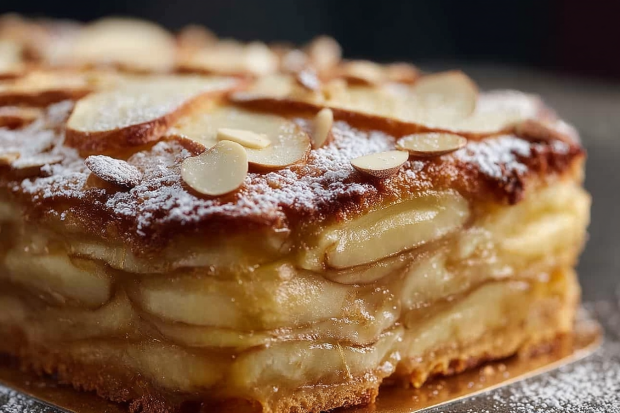 Ein Apfelkuchen mit gerösteten Mandeln auf einem Teller.