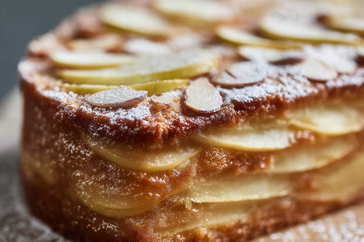 Ein hochwertiger Apfelkuchen mit einer Schicht aus frischem Apfel und Walnuss, der mit Zucker und Gewürzen zubereitet wurde.