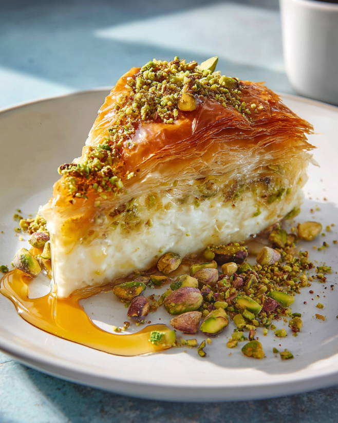 Ein St&uuml;ck Baklava Cheesecake auf einem wei&szlig;en Plate.