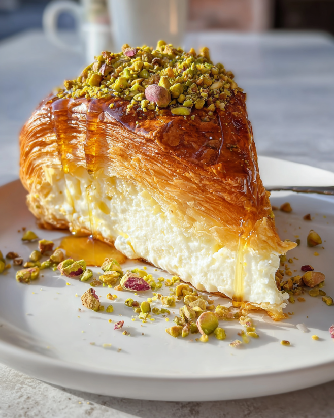 Ein St&uuml;ck Baklava Cheesecake auf einem wei&szlig;en Teller.