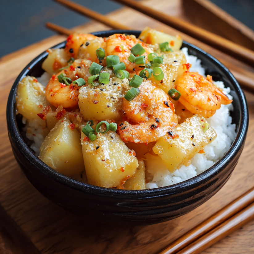 Ein japanischer Kartoffelsalat in einem schwarzen Behälter mit weißen Reis und grünen Zwiebeln.