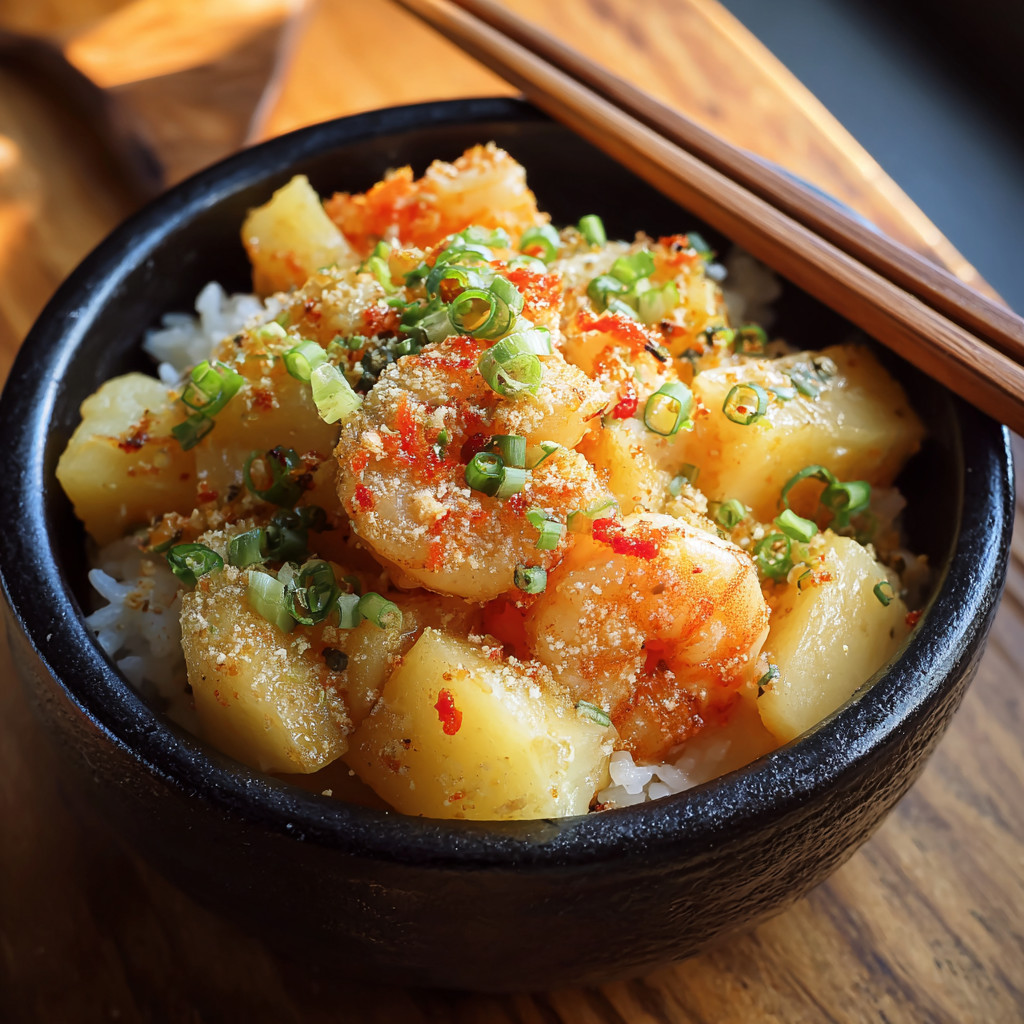 Ein schwarzes, glänzendes Bowl mit einer Mischung aus Kartoffeln, Zwiebeln und Chili.