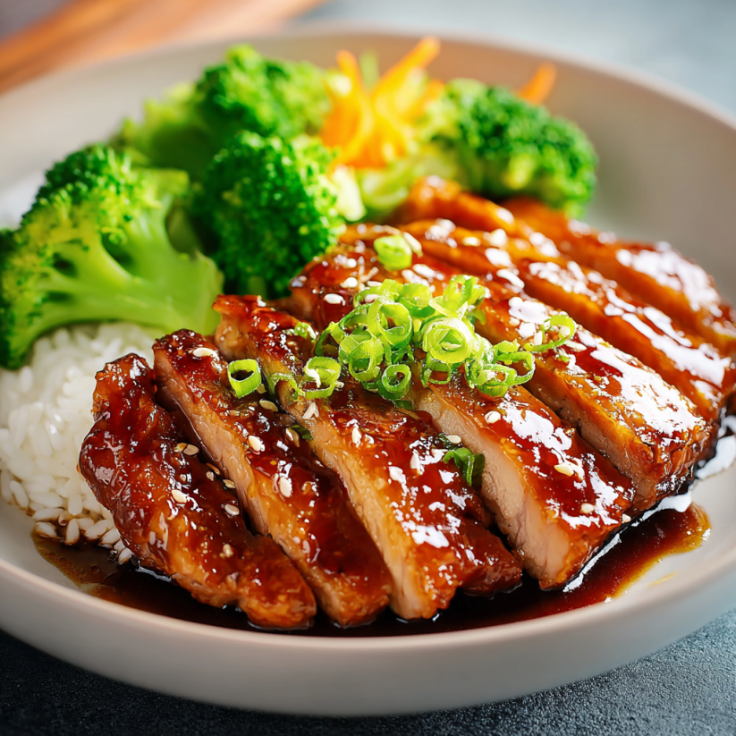 Ein Huhn mit Teriyaki-Sauce und Zwiebeln auf einem Teller.