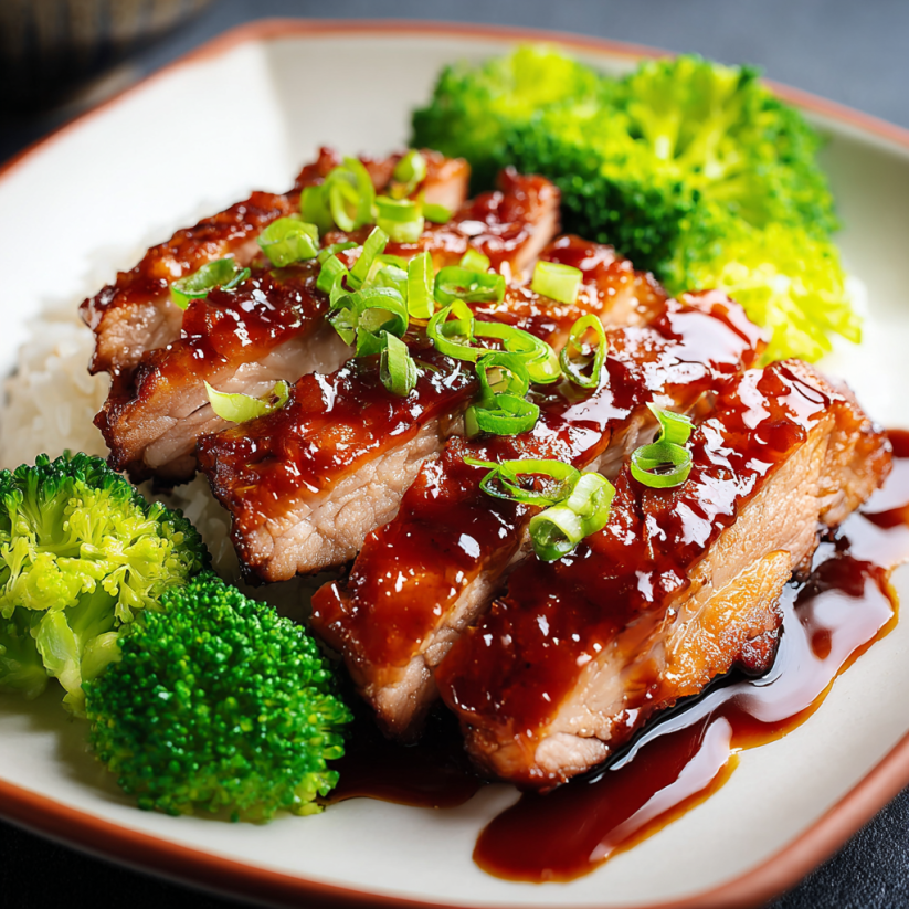 Ein Plate mit Knuspriges Teriyaki-Huhn und grünen Blattkräutern.