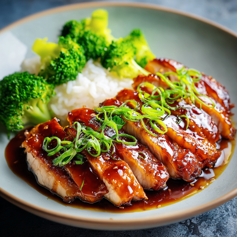Ein Plate mit einer Kombination aus Teriyaki-Huhn und Brokkoli.