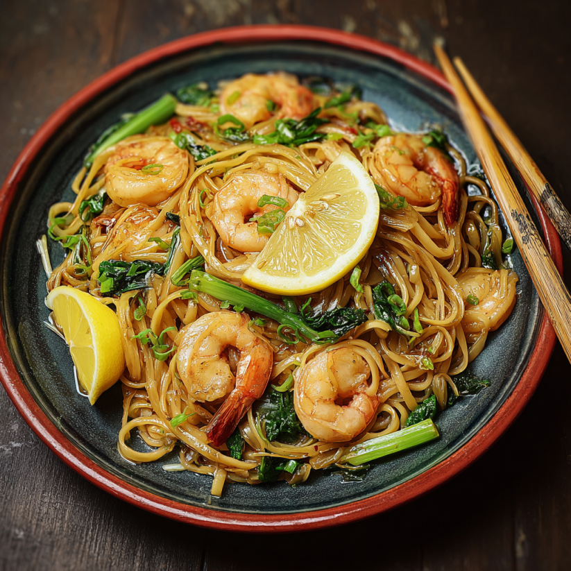 Ein Schälchen mit Meeresfrüchten, darunter Shrimp, Yakisoba und Zitrone.