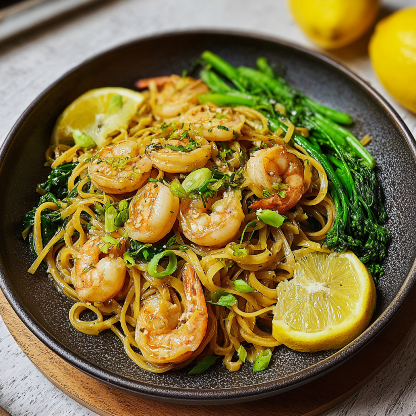 Ein Schälchen mit Yakisoba, Zitrone und Meeresfrüchten auf einem Teller.