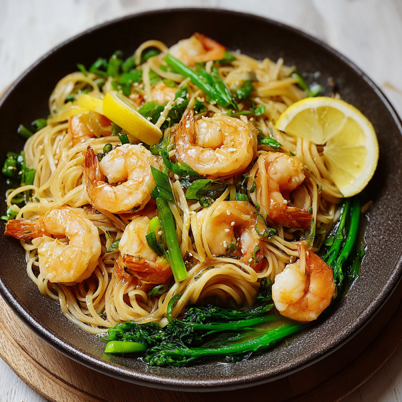 Ein Schalen mit Meeresfrüchten, darunter Shrimp, Yakisoba und Zitrone.