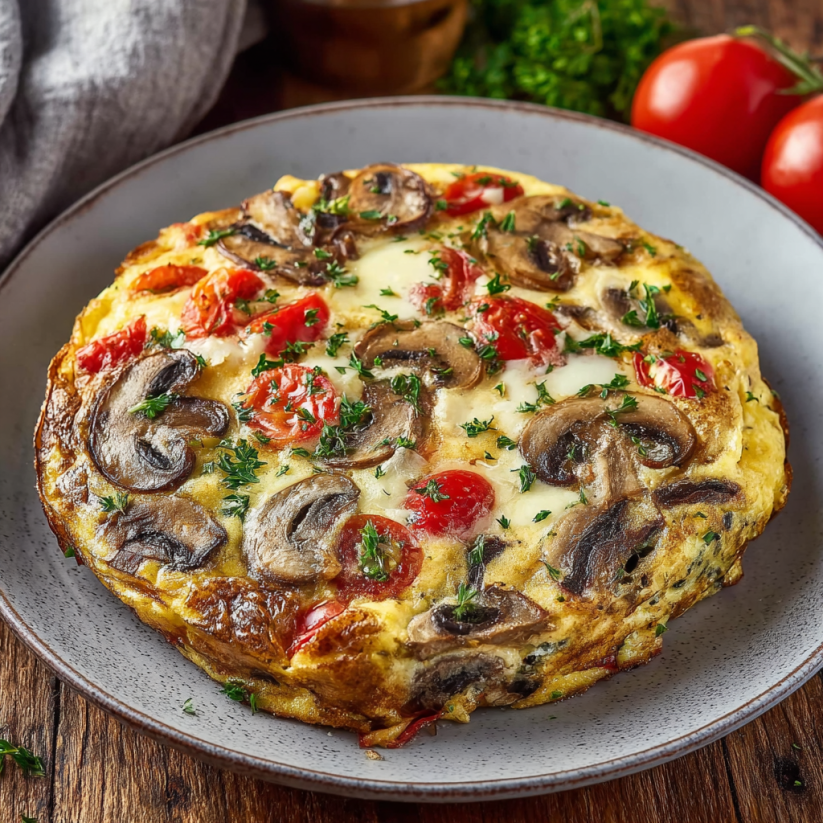 Eine Frittata mit frischem Gemüse auf einem Teller.