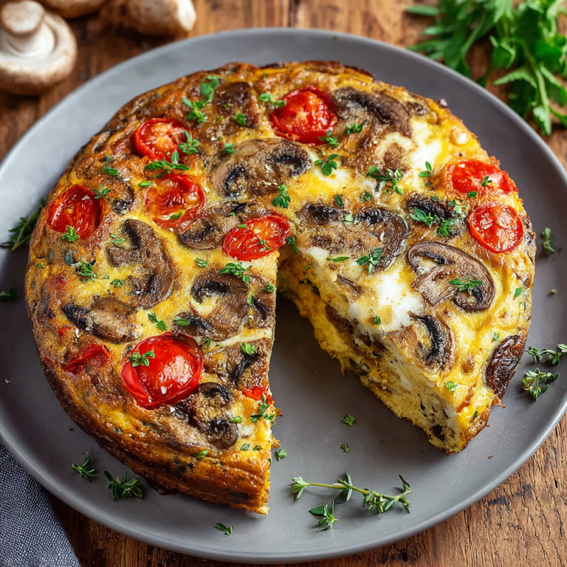 Eine Frittata mit Frischem Gemüse auf einem Teller.