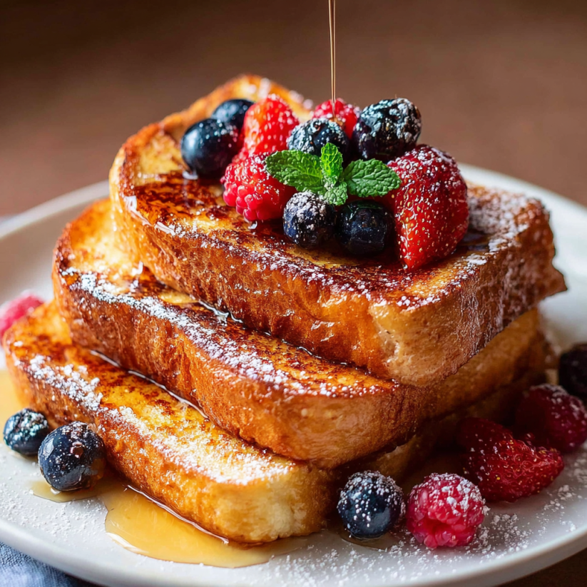 Eine Platte mit frisch zubereiteten Frühstücksstücken, darunter Toast, Früchte und Eier, auf einer Tischplatte.