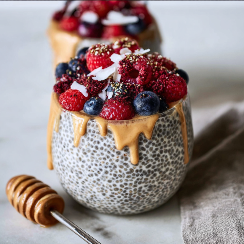 Ein Becher mit Chia-Samen Pudding, der mit Raspberry und Blueberry garniert ist.