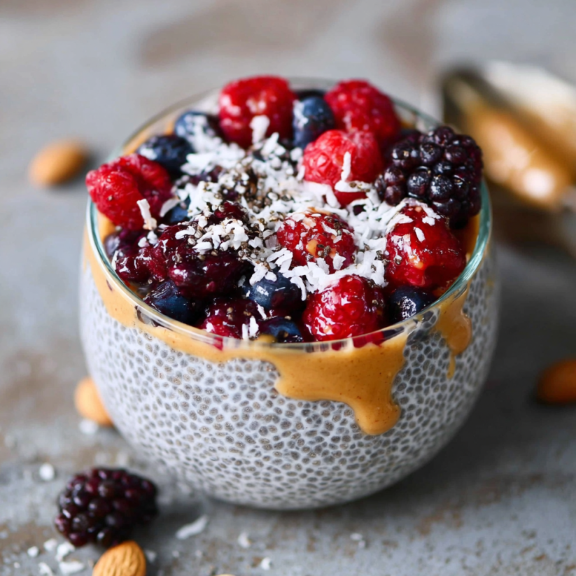 Ein Glas mit Chia-Samen Pudding, der mit Raspberries und Walnuts garniert ist.
