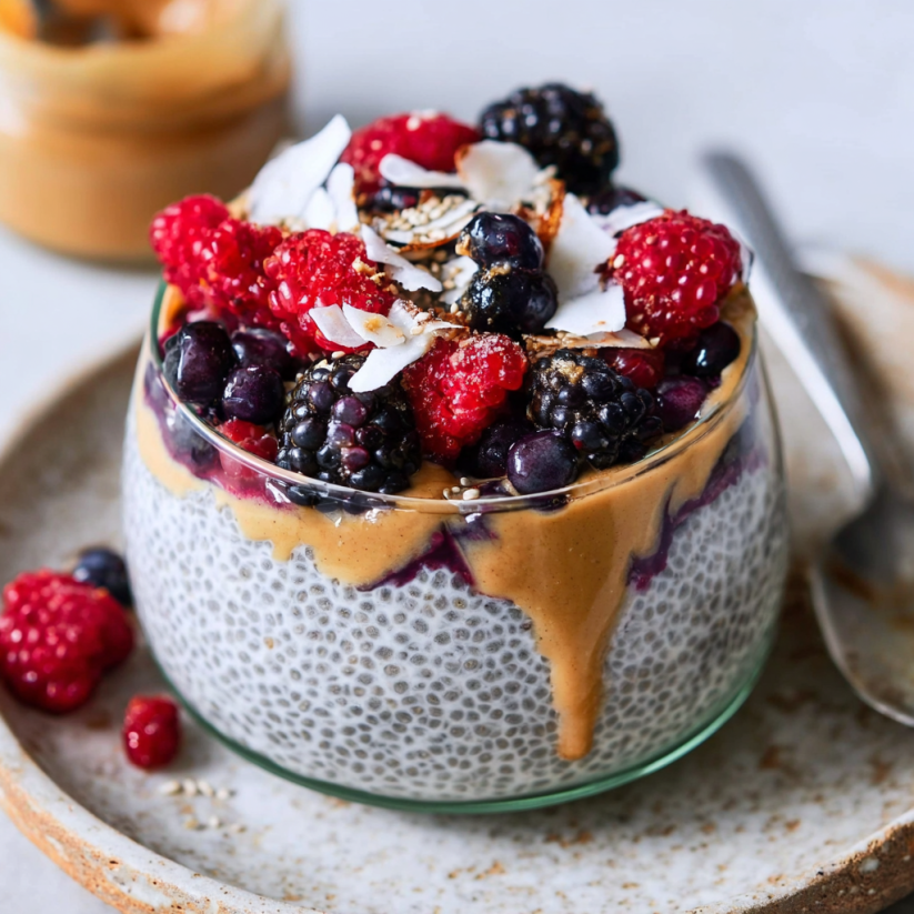 Ein Glas mit Chia-Samen Pudding, der mit Raspberries und anderen Früchten garniert ist.