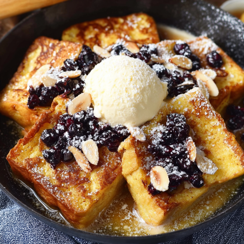 Ein Schmelztopf mit Sauerrahm-Schmarren, die mit Eiscreme und Nüssen garniert sind.