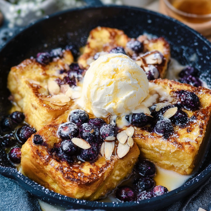 Ein Schmarren mit Sauerrahm und Nüssen, der mit einer Schmelze aus Sahne und Zucker serviert wird.