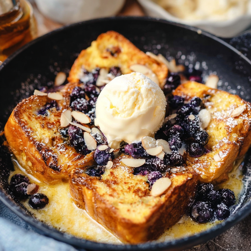 Ein Schmarren mit Sauerrahm und Blaubeeren, der mit Eiscreme garniert ist.