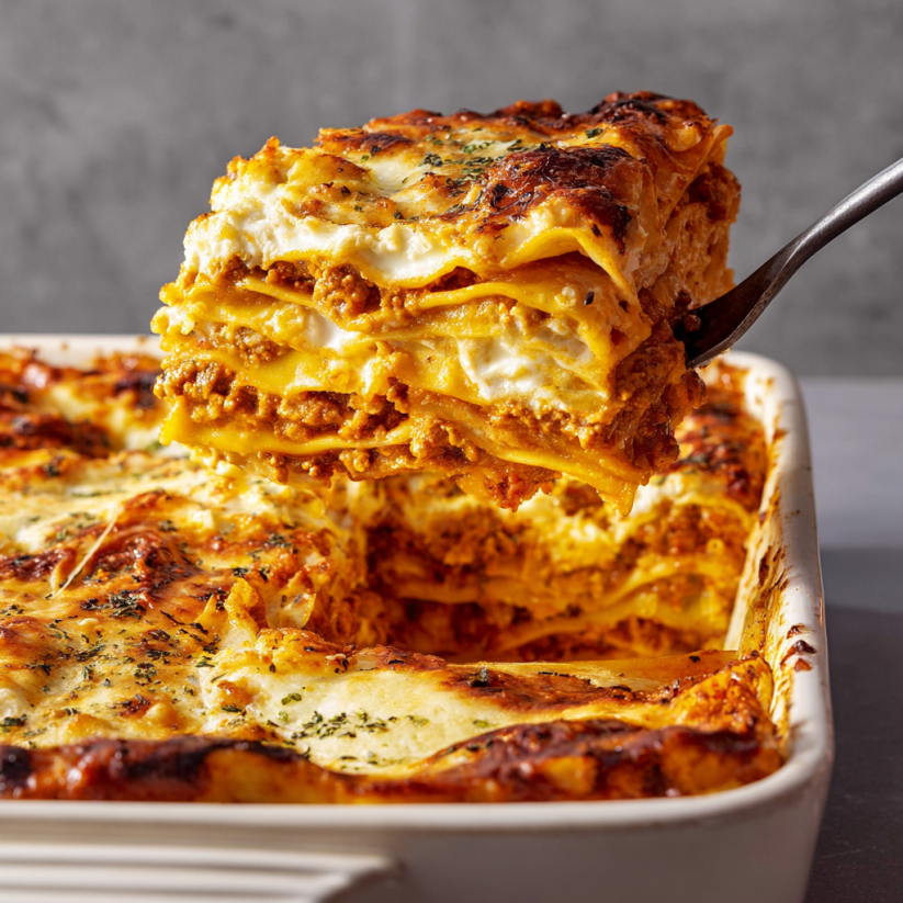 Eine Sch&uuml;ssel mit Pumpkin Lasagna, die in zwei H&auml;lften geteilt wird.