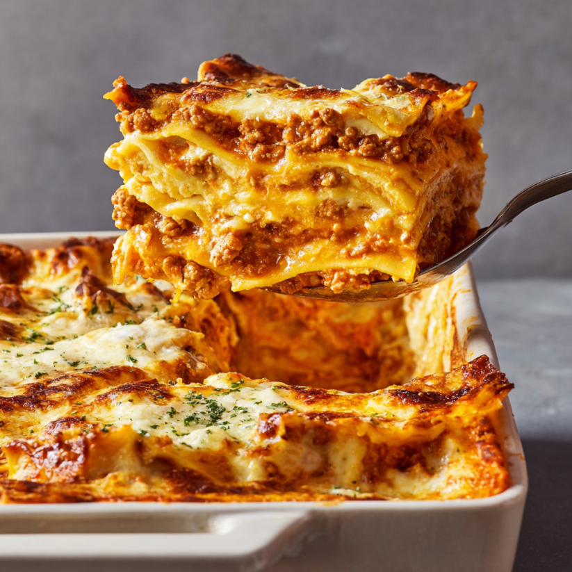 Eine Sch&uuml;ssel mit Pumpkin Lasagna, die in zwei H&auml;lften geteilt wird.