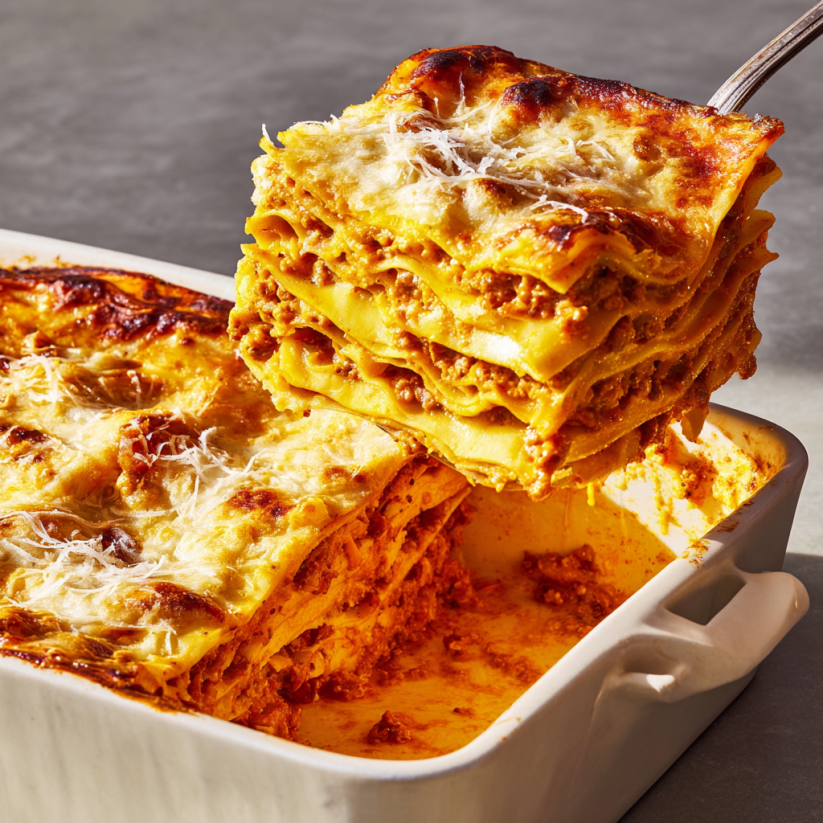 Eine Schüssel mit Pumpkin Lasagna, die in einzelne Portionen zerlegt wurde.