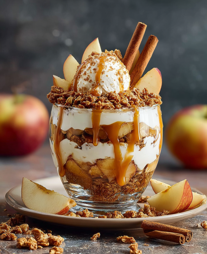 Ein Trifle aus Bratapfel, Karamell und Trifle.