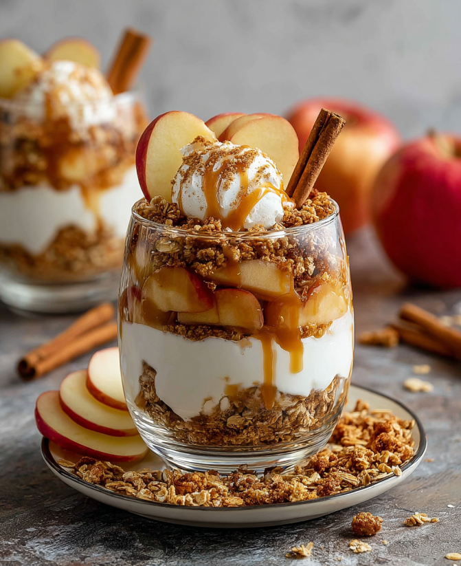 Ein Trifle aus Bratapfel, Karamell und Trifle.