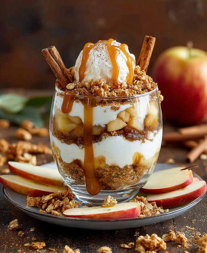 Ein Glas mit Trifle, das aus Bananen, Karamell und Nüssen besteht.