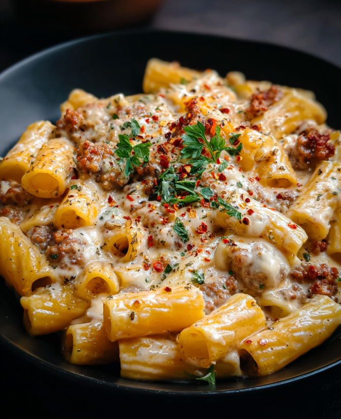 Eine Schüssel mit Pasta, die mit Rindswurst und Käse garniert ist.