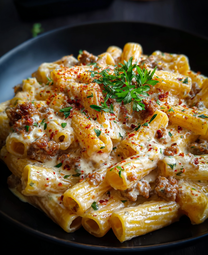 Eine Schüssel mit Pasta, die mit Rindswurst und Ditalini garniert ist.