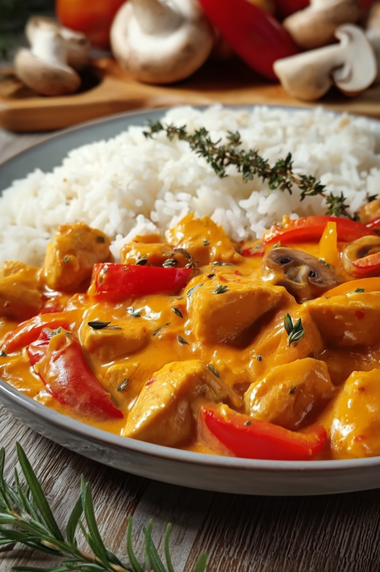 Ein Bild von einer Pfanne mit Hähnchen und Reis, garniert mit Zwiebeln.