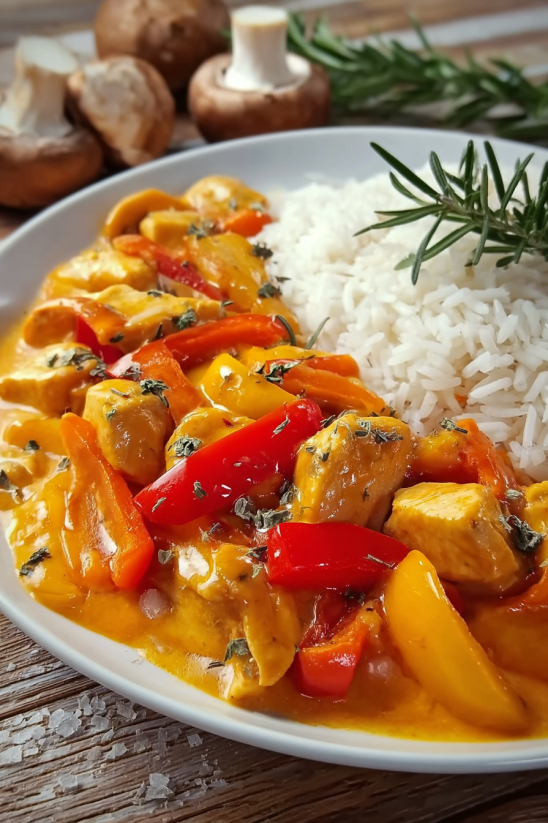 Ein Bild von einer Pfanne mit Hähnchen und Reis, das ein einfaches Rezept ist.