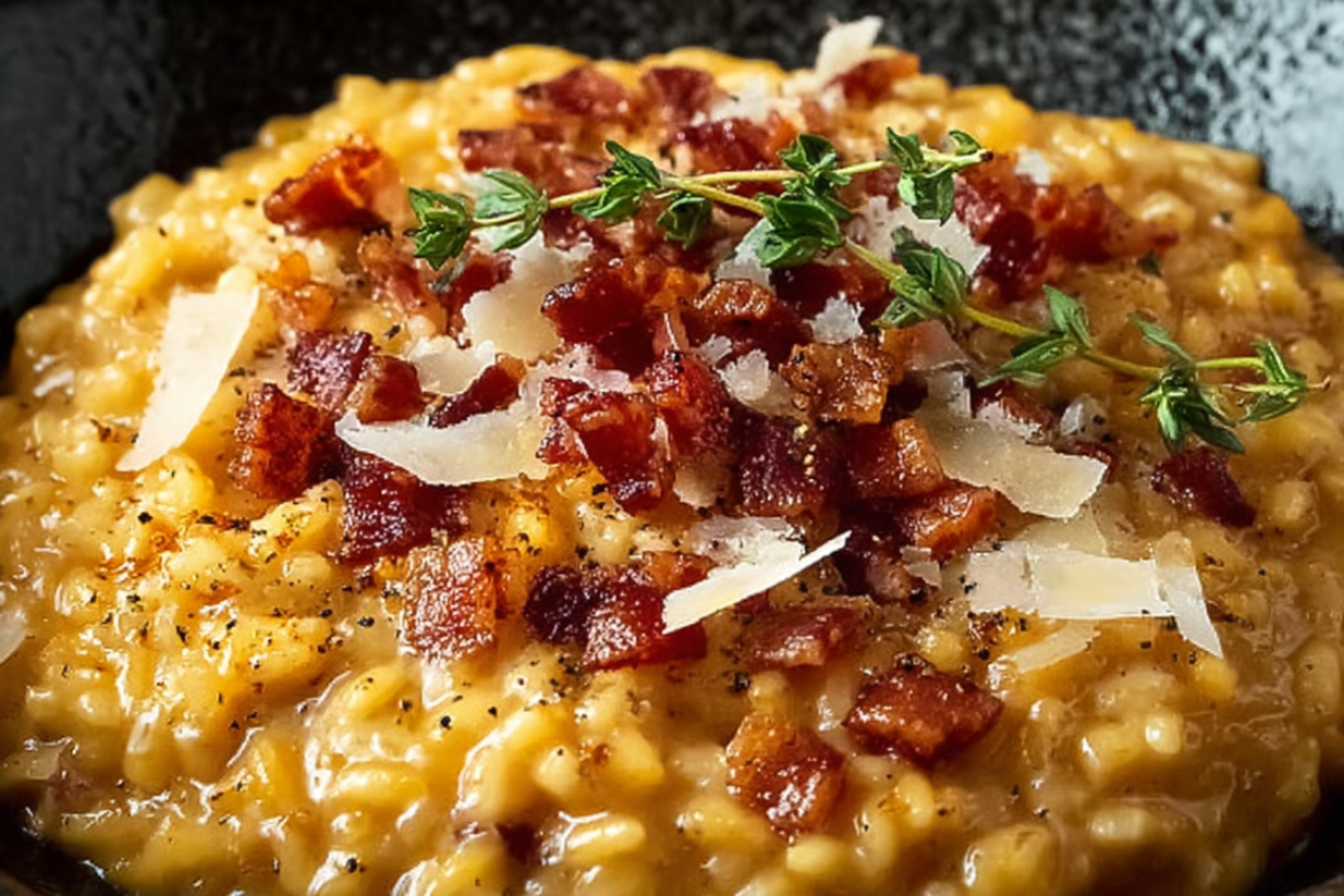 Ein Risotto mit Bacon und Parmesan.