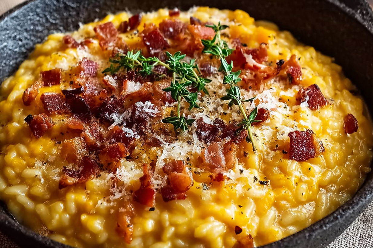 Ein Risotto mit Bacon und Parmesan, garniert mit Thymian.