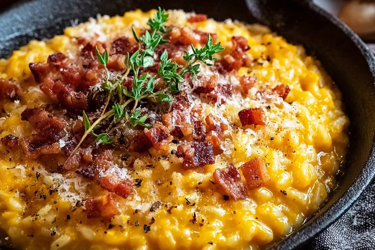 Eine Schüssel mit Pumpkin Risotto, Bacon und Parmesan.