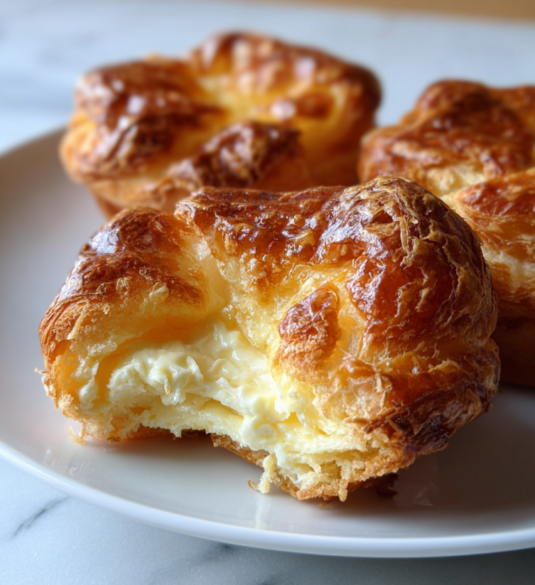 Eine Platte mit 3 Danish-Kuchen auf einem Tisch.