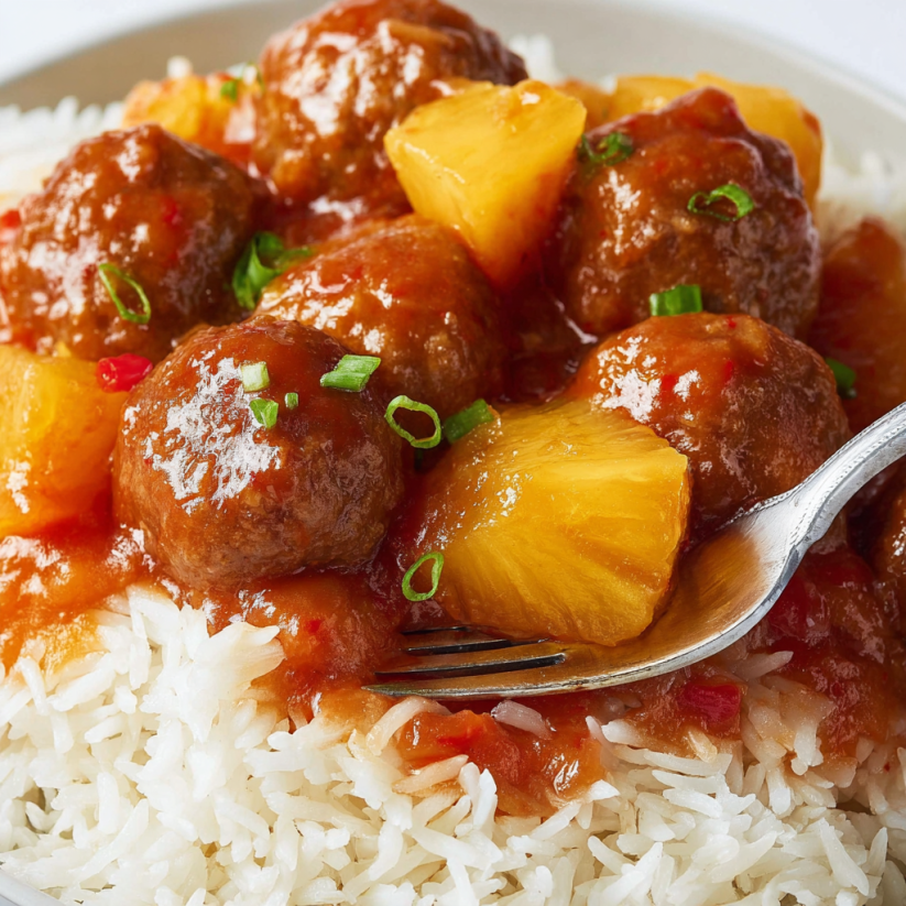 Ein Plate mit Pineapple BBQ Meatballs.