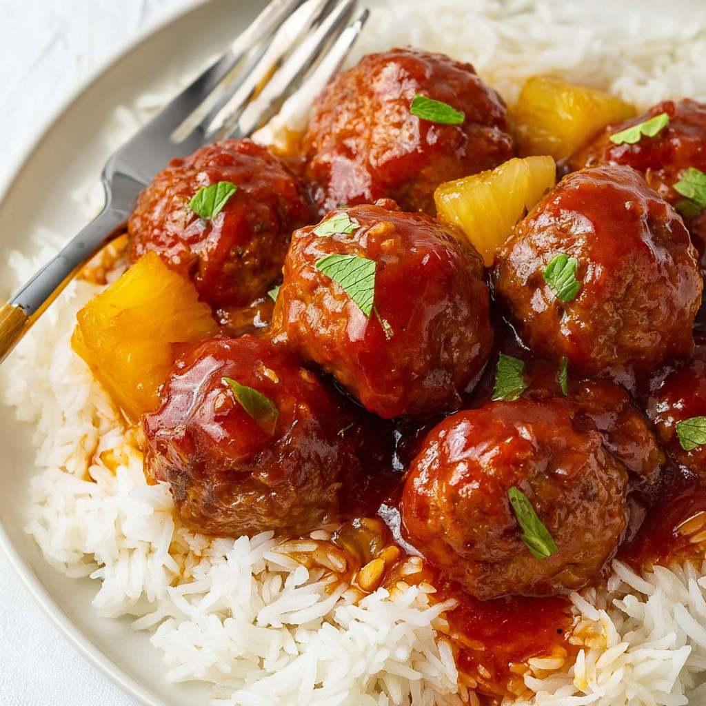 Ein Plate mit Pineapple BBQ Meatballs.