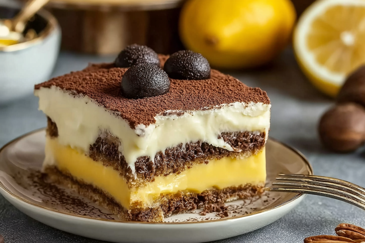 Ein St&uuml;ck Eierlik&ouml;r Tiramisu auf einem Plate.