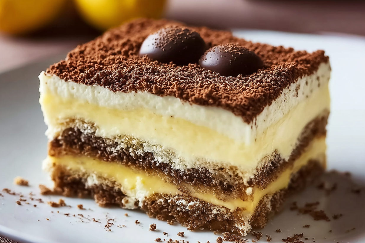 Ein Dessert mit Eierlikör Tiramisu, bestehend aus einer Schicht von Eiern, Zucker, Kakao und Kokoschmelz, auf einer Platte.