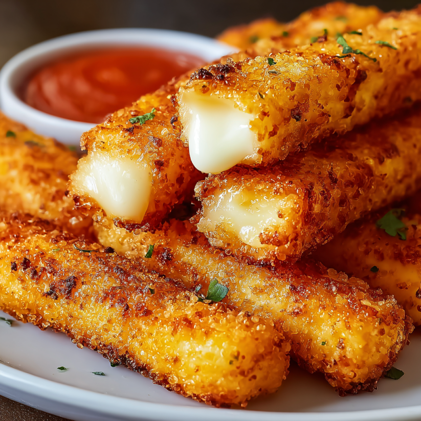 Ein weißer Teller mit Kartoffel-Käse-Sticks darauf.