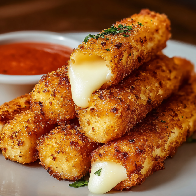 Ein Plate mit Kartoffel-Käse-Sticks, die in einer Sauce liegen.