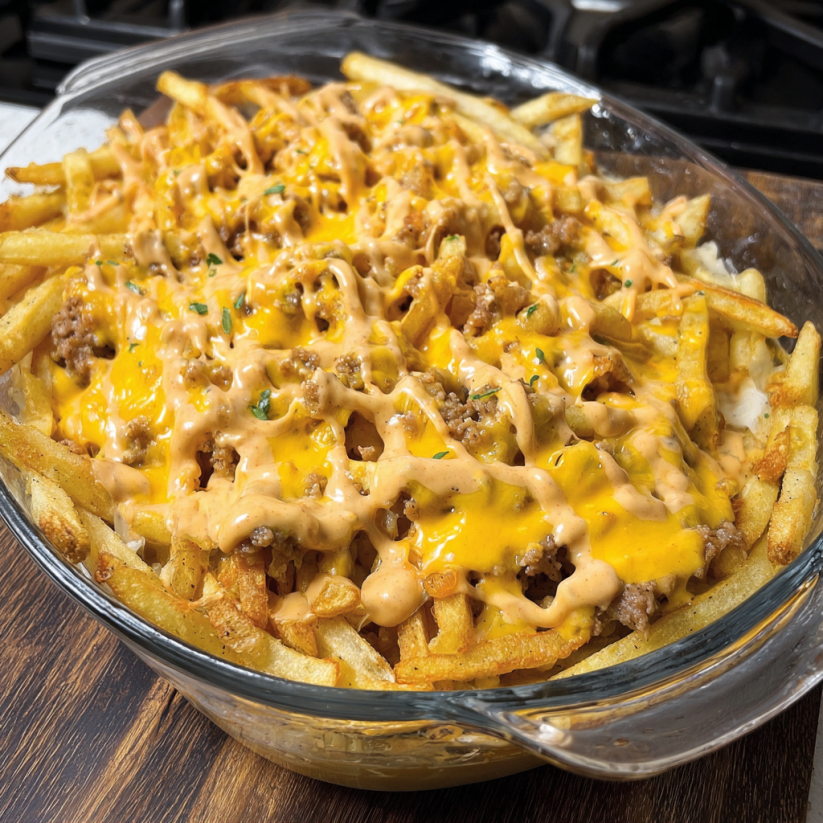 Ein Glas mit Cheeseburger French Fry Casserole.