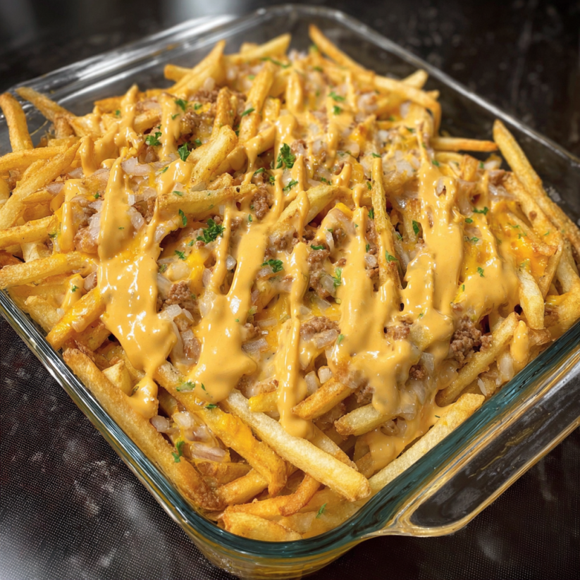 Ein Glas mit Cheeseburger French Fry Casserole, das mit Käse und Zwiebeln garniert ist.