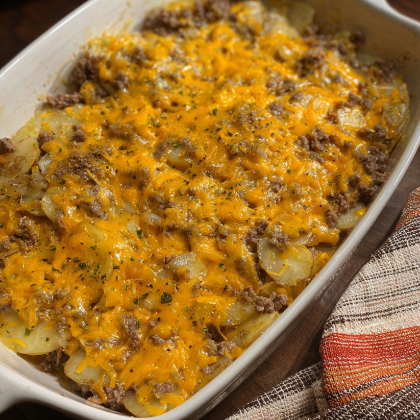 Ein wei&szlig;er Teller mit einer hamburger potato casserole darin.