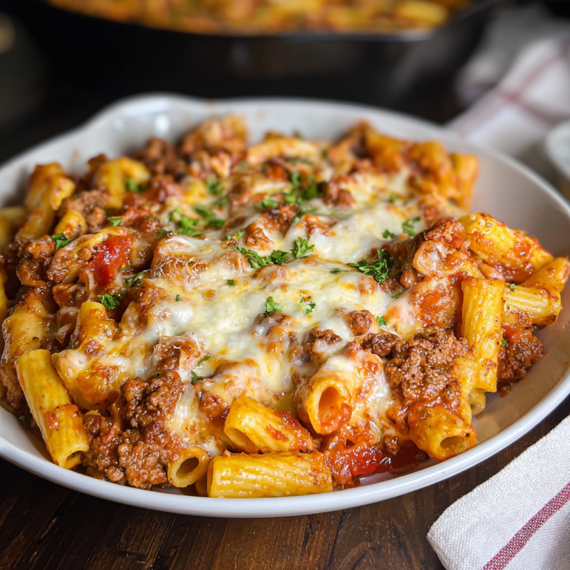 Ein Baked Ziti mit italienischer Sausage in einem weißen Teller.